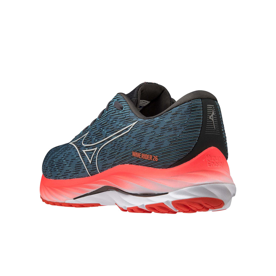 Left shoe posterior angled view of Mizuno Men's Wave Rider 26 Running Shoes in blue (7725207257250)