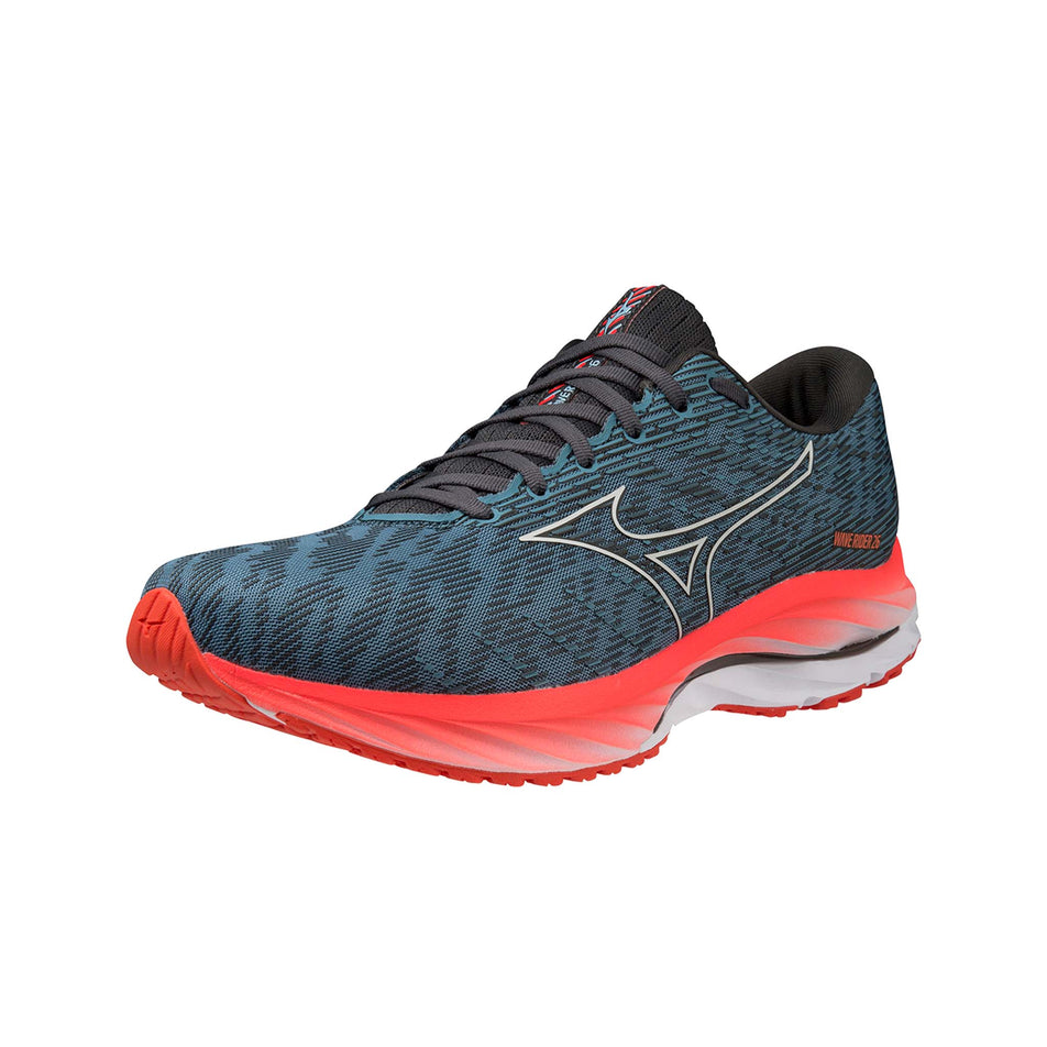 Left shoe anterior angled view of Mizuno Men's Wave Rider 26 Running Shoes in blue (7725207257250)