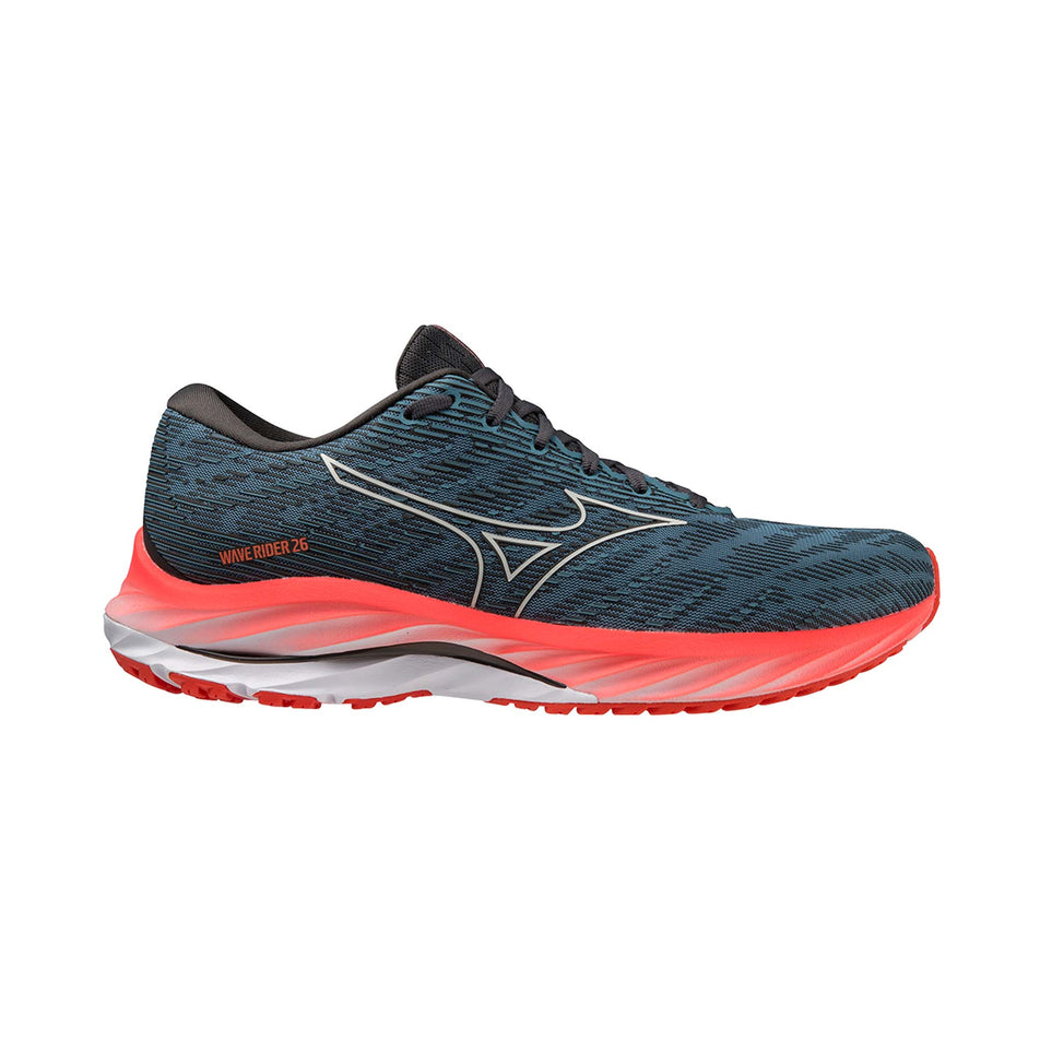Right shoe lateral view of Mizuno Men's Wave Rider 26 Running Shoes in blue (7725207257250)