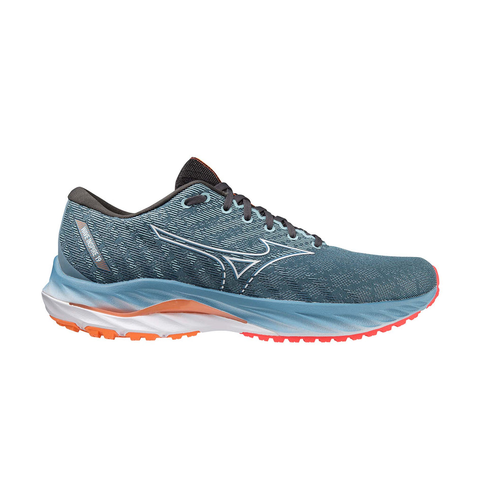 Right shoe lateral view of Mizuno Men's Wave Inspire 19 Running Shoes in blue. (7725204439202)