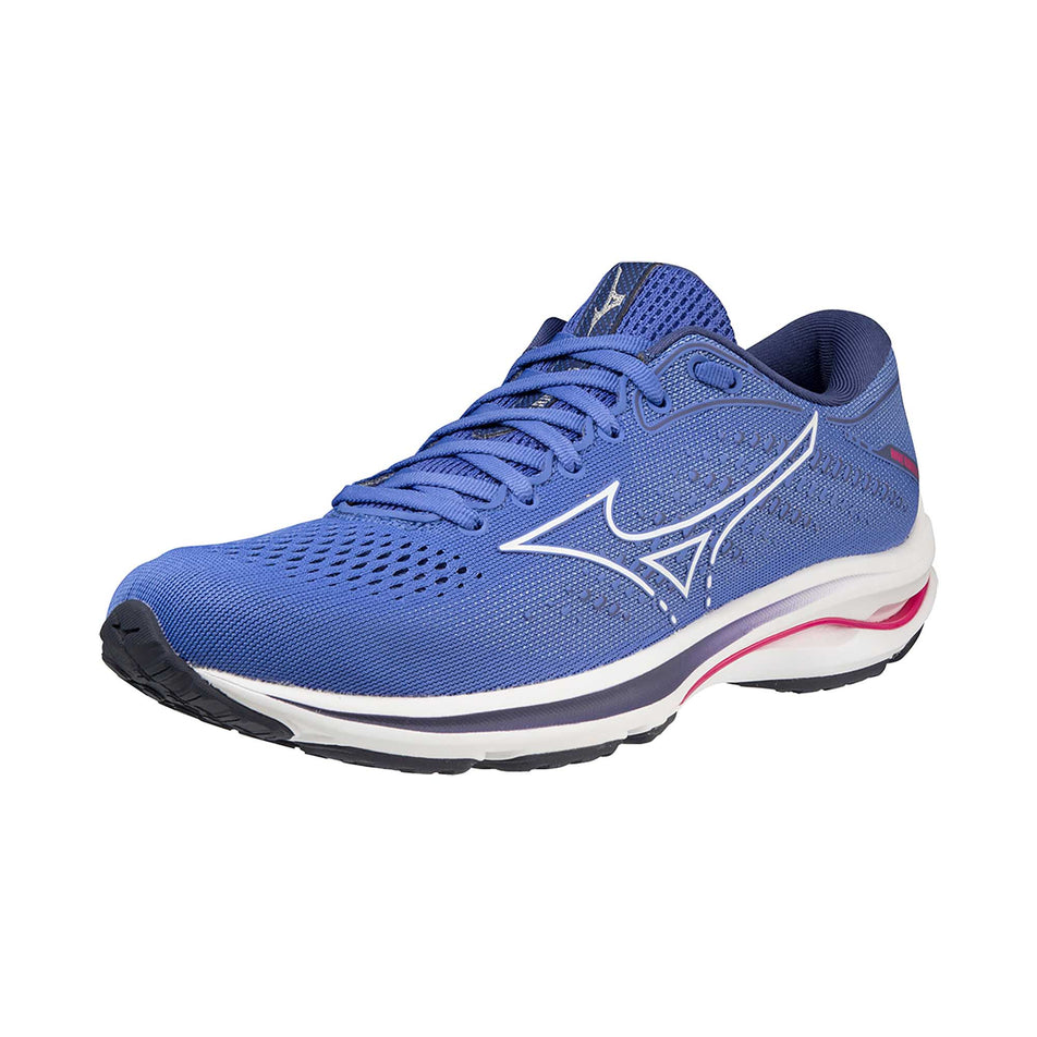 Lateral angled view of women's mizuno wave rider 25 running shoes (7232307757218)