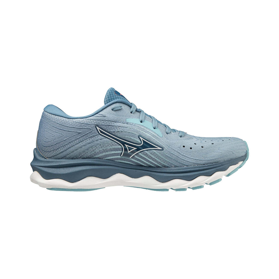 Medial view of Mizuno Women's Wave Sky 6 Running Shoes in blue. (7599152693410)