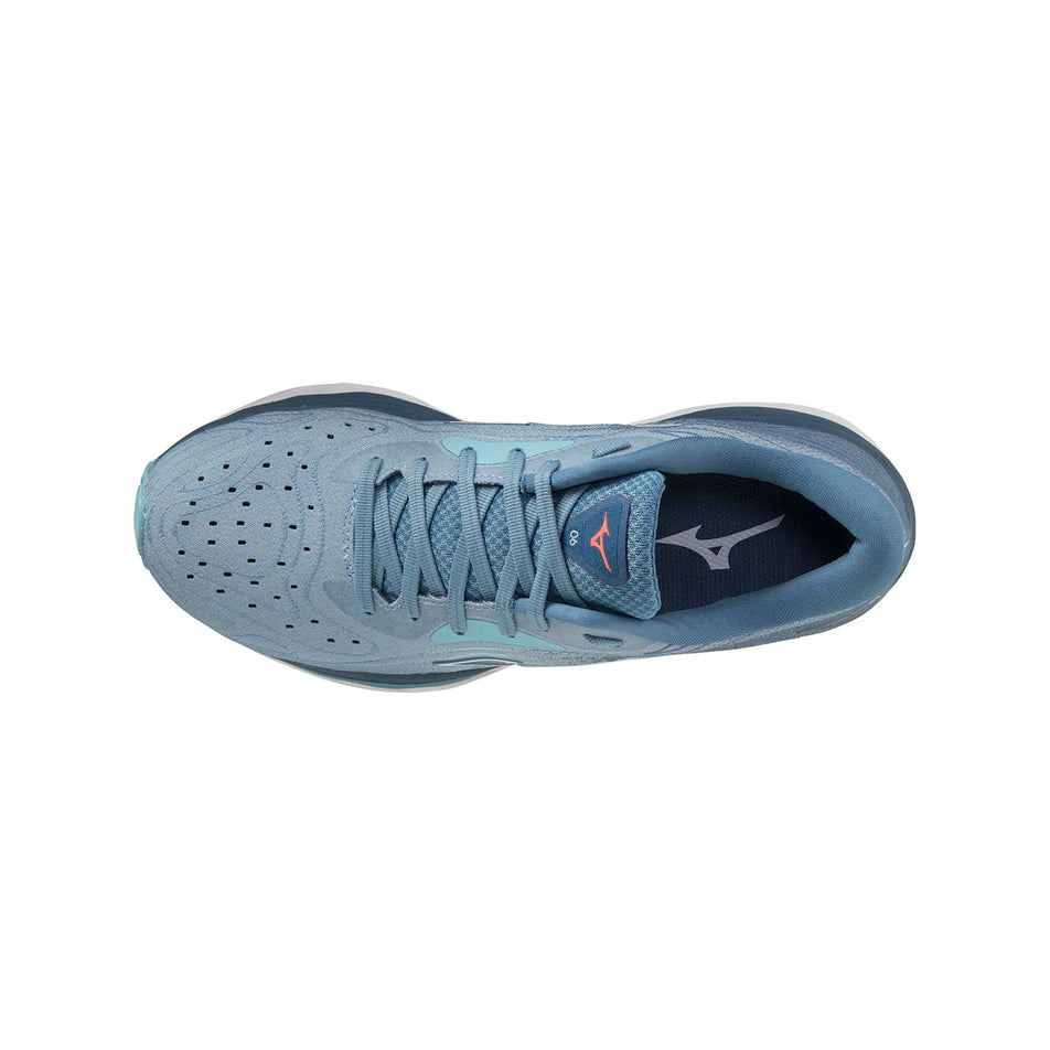 Upper view of Mizuno Women's Wave Sky 6 Running Shoes in blue. (7599152693410)