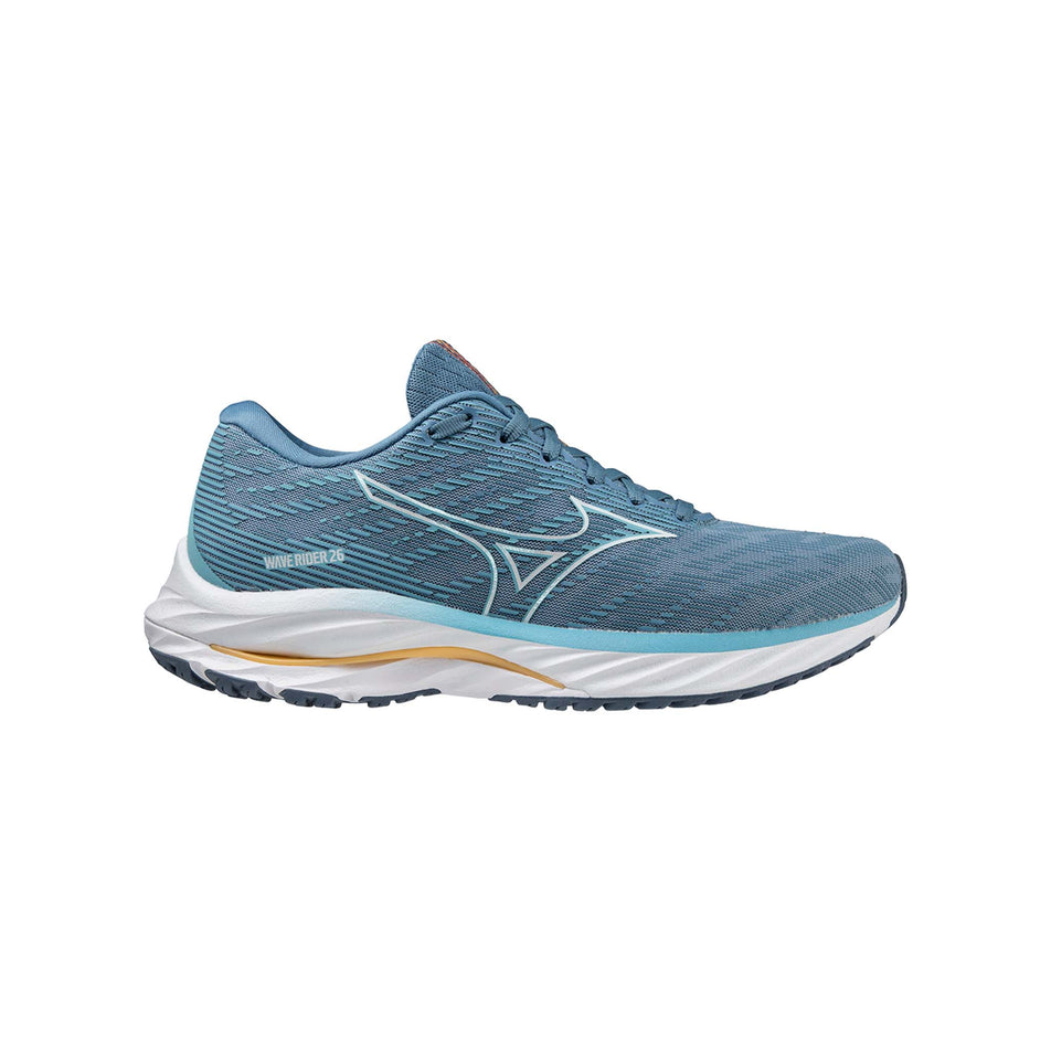 Lateral view of Mizuno Women's Wave Rider 26 Running Shoes in blue (7599151906978)