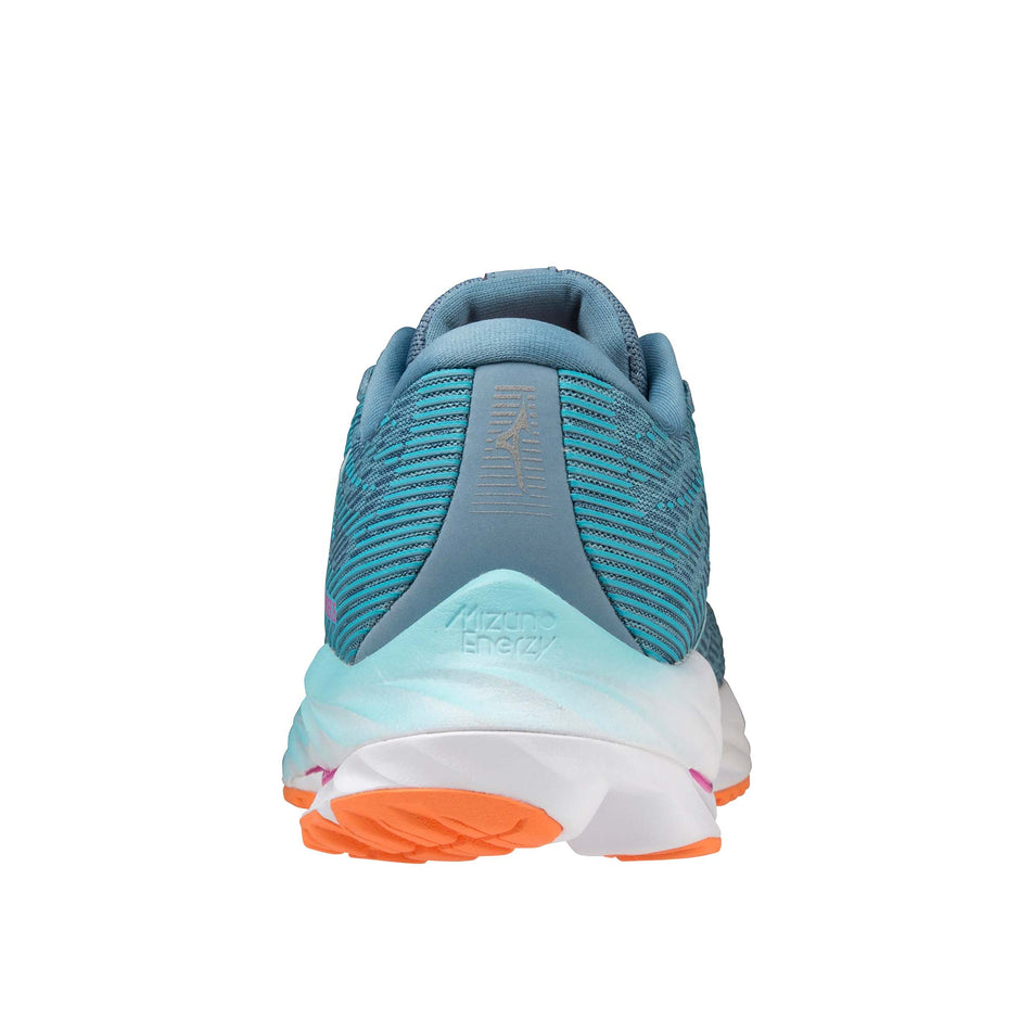 Left shoe posterior view of Mizuno Women's Wave Rider 26 Running Shoes in blue (7725206798498)