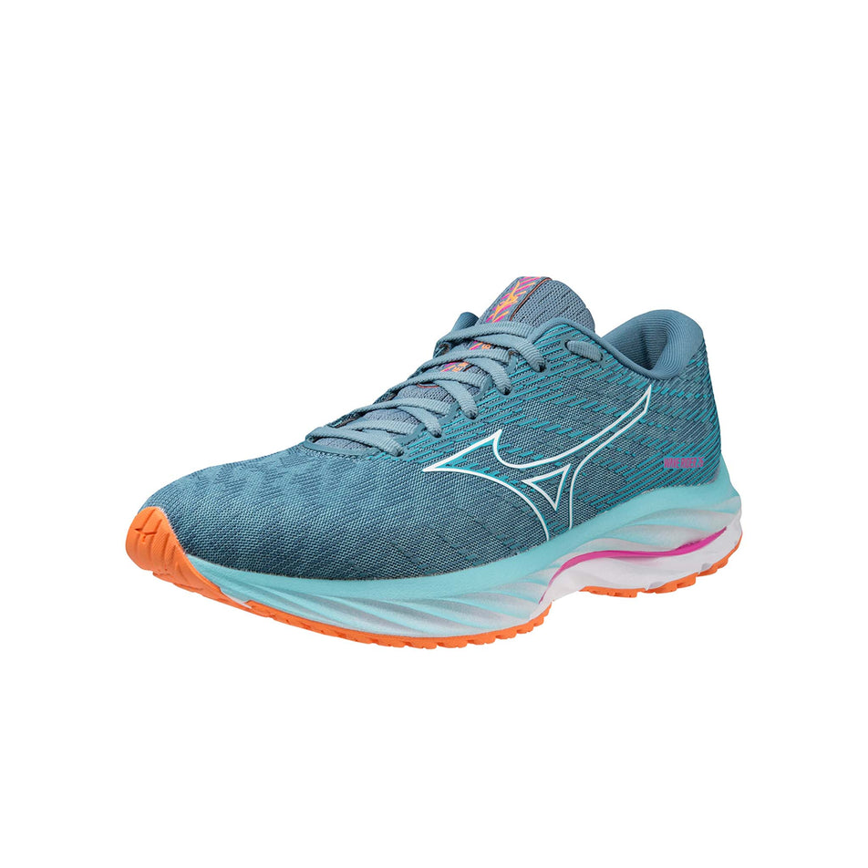 Left shoe anterior angled view of Mizuno Women's Wave Rider 26 Running Shoes in blue (7725206798498)