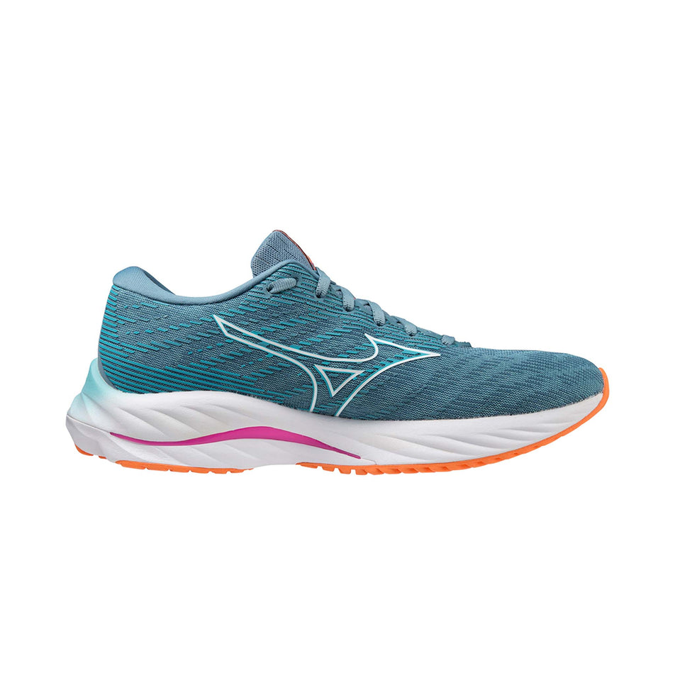 Left shoe medial view of Mizuno Women's Wave Rider 26 Running Shoes in blue (7725206798498)