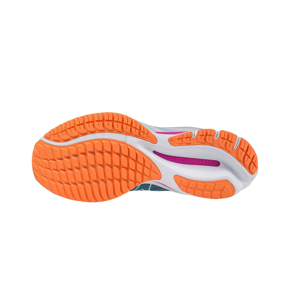 Right shoe outsole view of Mizuno Women's Wave Rider 26 Running Shoes in blue (7725206798498)