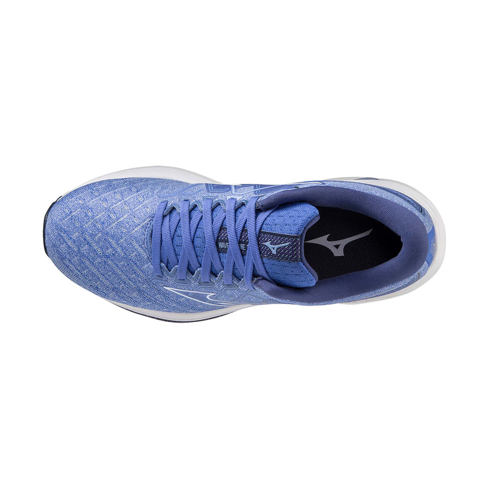 Upper view of women's mizuno wave inspire 18 running shoes in blue (7511283171490)