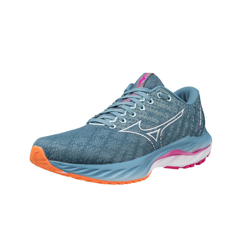Left shoe anterior angled view of Mizuno Women's Wave Inspire 19 Running Shoes in blue (7725204865186)
