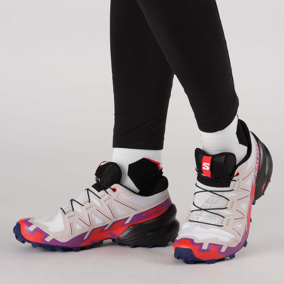 Medial and upper view of Salomon Women's Speedcross 6 Running Shoes in white (7528655388834)
