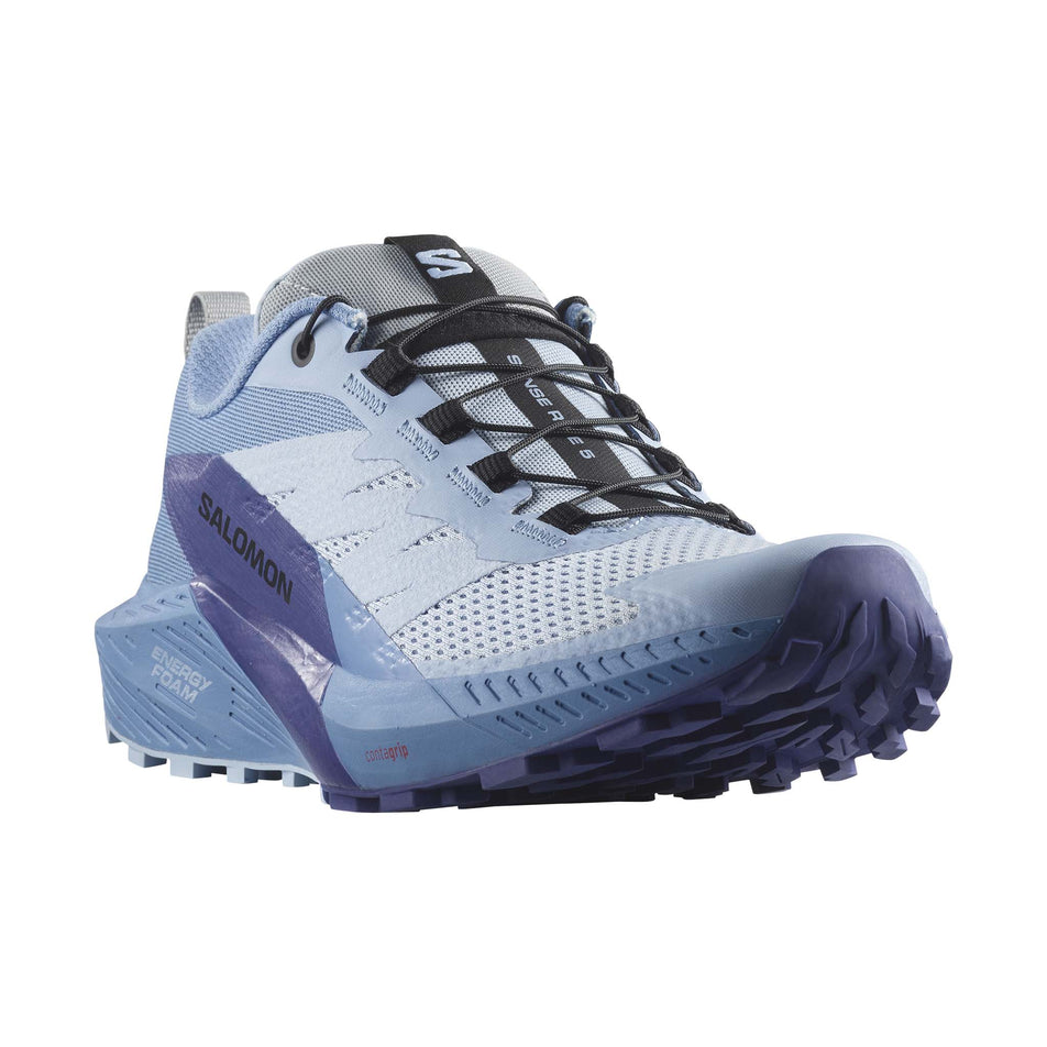 Lateral side of the right shoe from a pair of women's Salomon Sense Ride 5 Running Shoes (7772898394274)