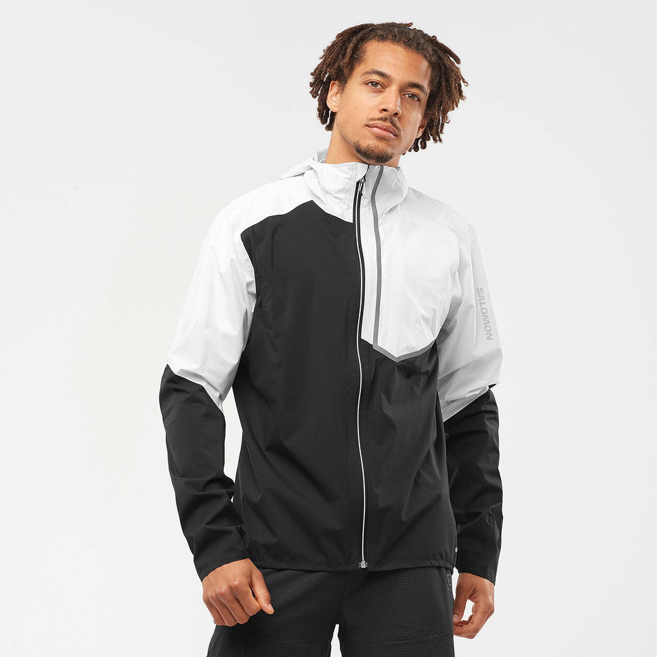 Front view of a model wearing a Front of a men's Salomon Bonatti Trail Jacket (7565751746722)