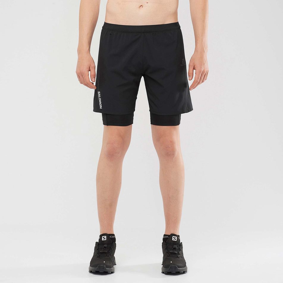 Front model view of men's salomon cross tw shorts in black (7566056980642)