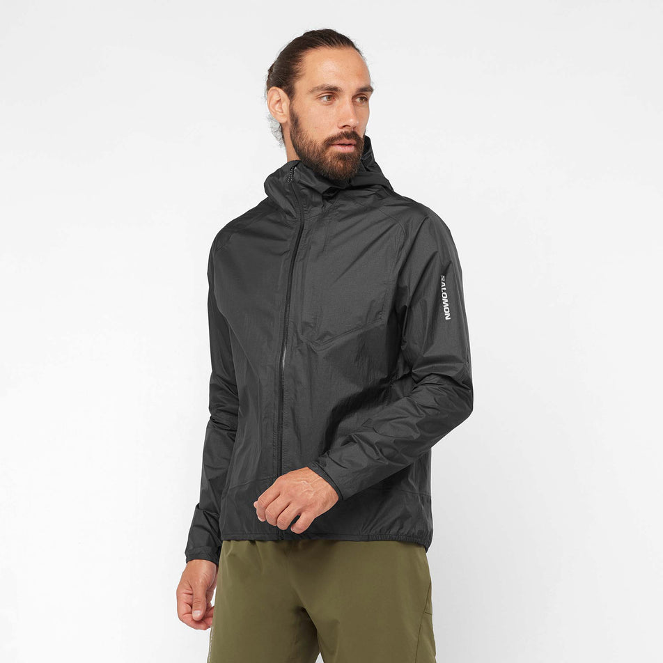 Front view of Salomon Men's Bonatti WP Running Jacket in black. (7766851879074)