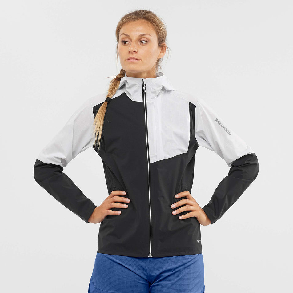 Front model view of women's salomon bonatti trail jkt in black (7564379422882)