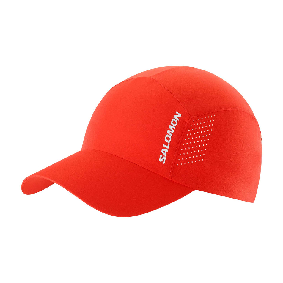 Front angled view of Salomon Unisex Cross Running Cap in red. (7777436696738)