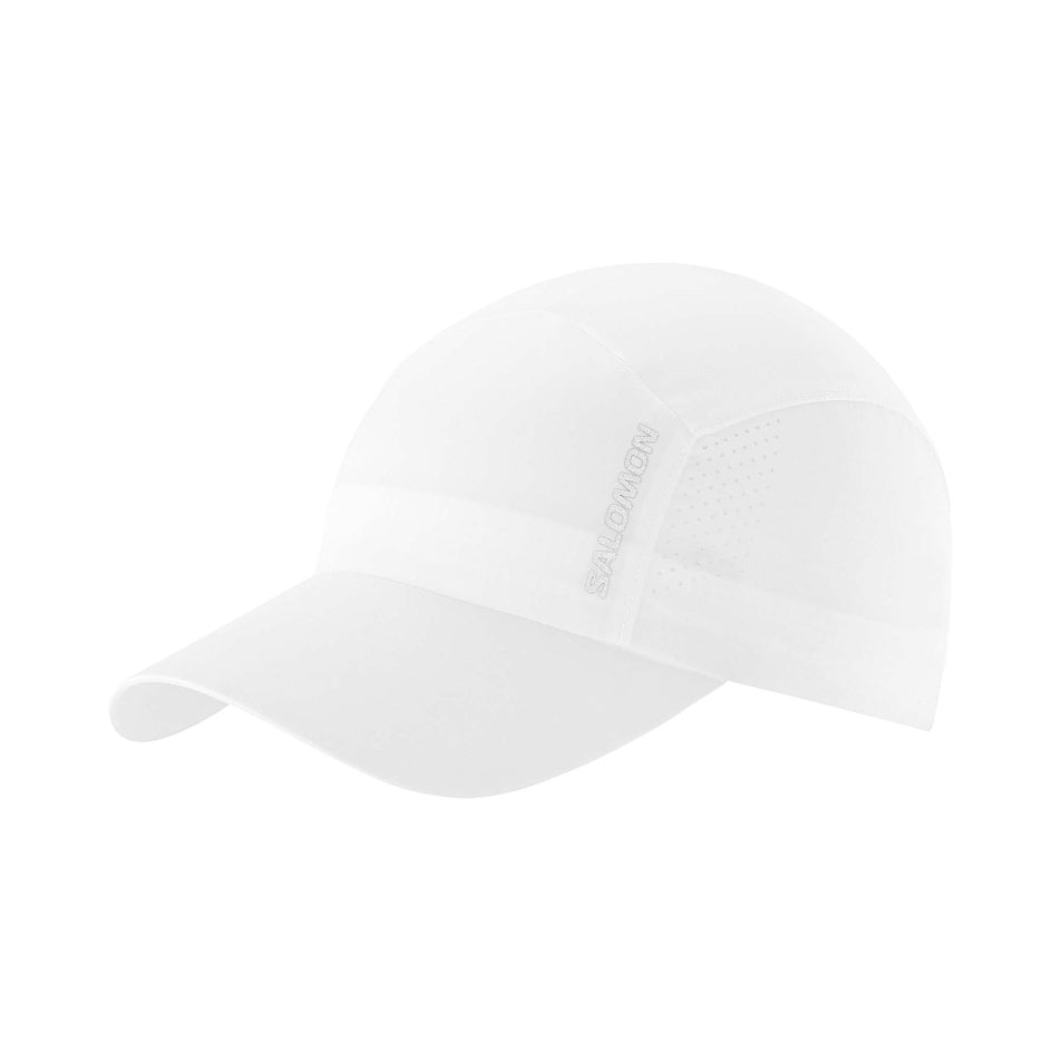 Front angled view of Salomon Unisex Cross Running Cap in white. (7777449017506)
