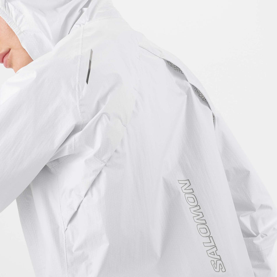 Back vent view of Salomon Women's Bonatti WP Running Jacket in white. (7766864724130)