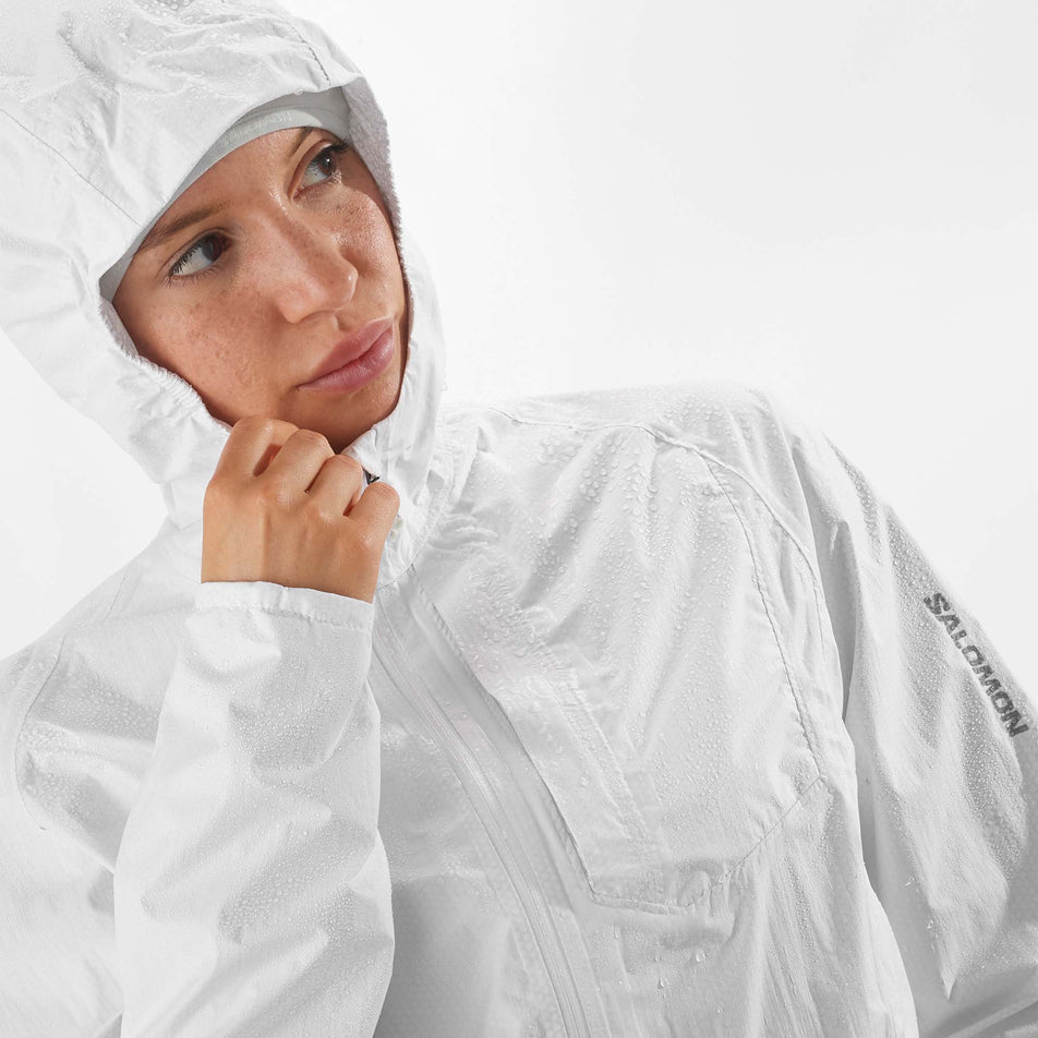 Front hood view of Salomon Women's Bonatti WP Running Jacket in white. (7766864724130)