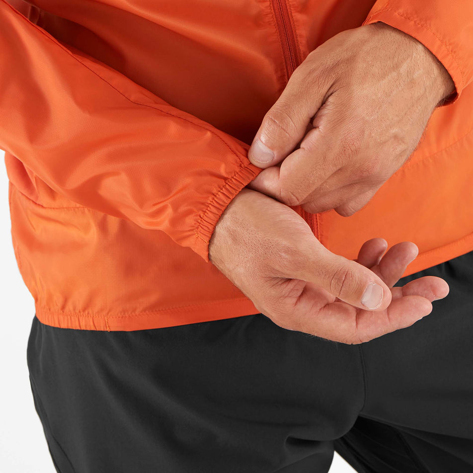 Close-up detail of the cuffs on the sleeves of a Salomon Men's Bonatti Cross Wind Jacket Hoodie (7889270866082)