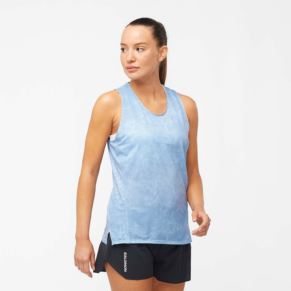 Front view of a model wearing a Salomon Women's Sense Aero Tank in the Chambray Blue colourway (7892236697762)