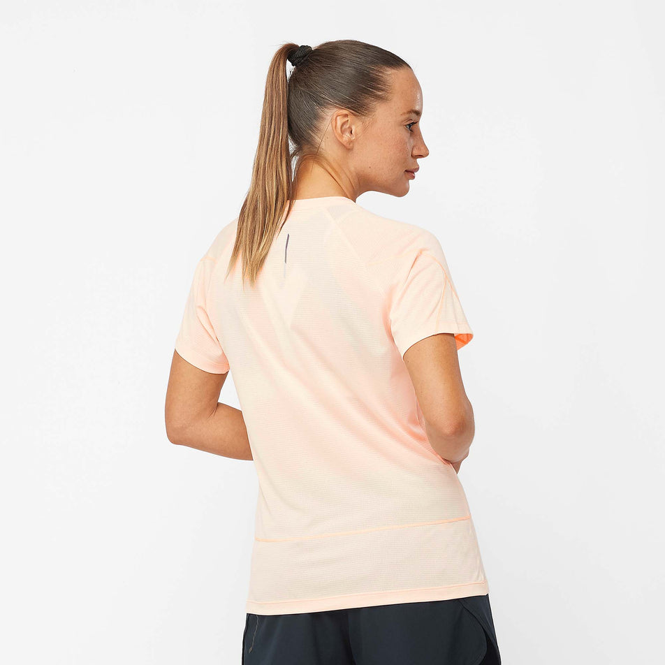 Back view of a Salomon Women's Cross Run Short Sleeve T-Shirt in the Cream Tan/Heather colourway (7891333021858)