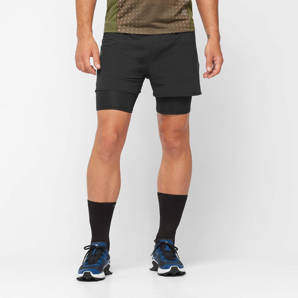 Front view of a model wearing a pair of Salomon Men's Sense Aero 2in1 Shorts in the Deep Black colourway (7891202310306)