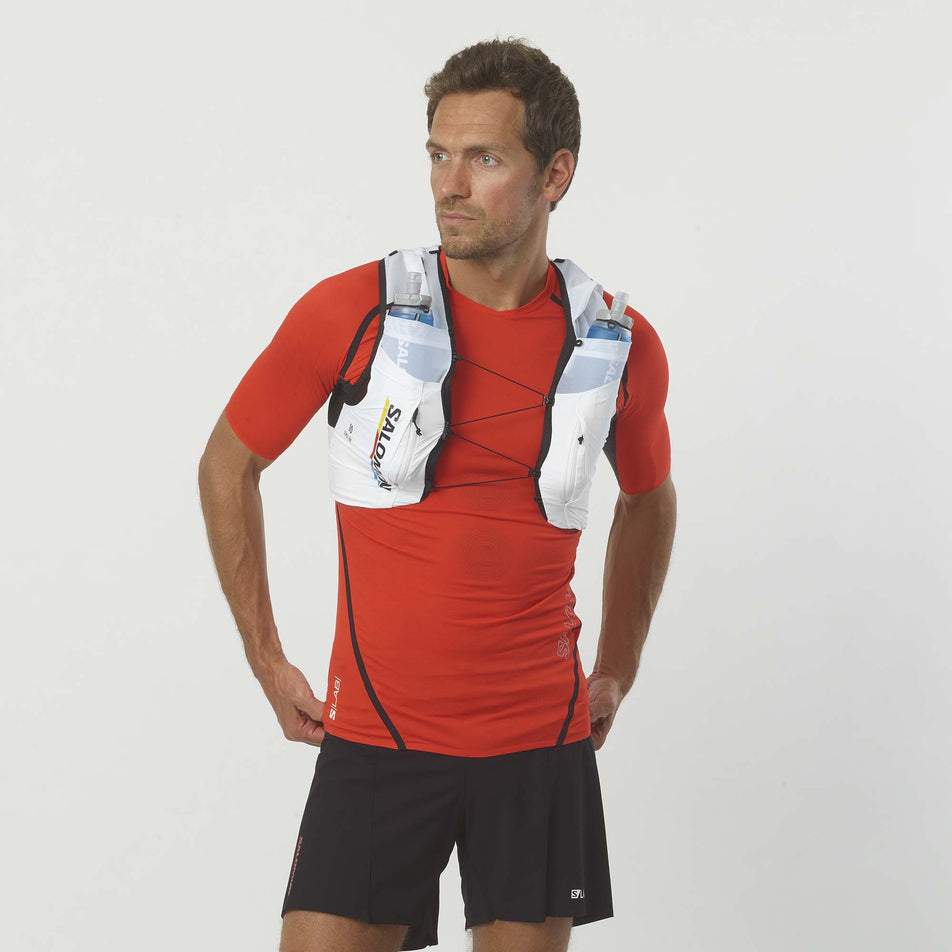 Front male model view of Salomon Unisex Sense Pro 10 Race Flag in white. (7776535216290)