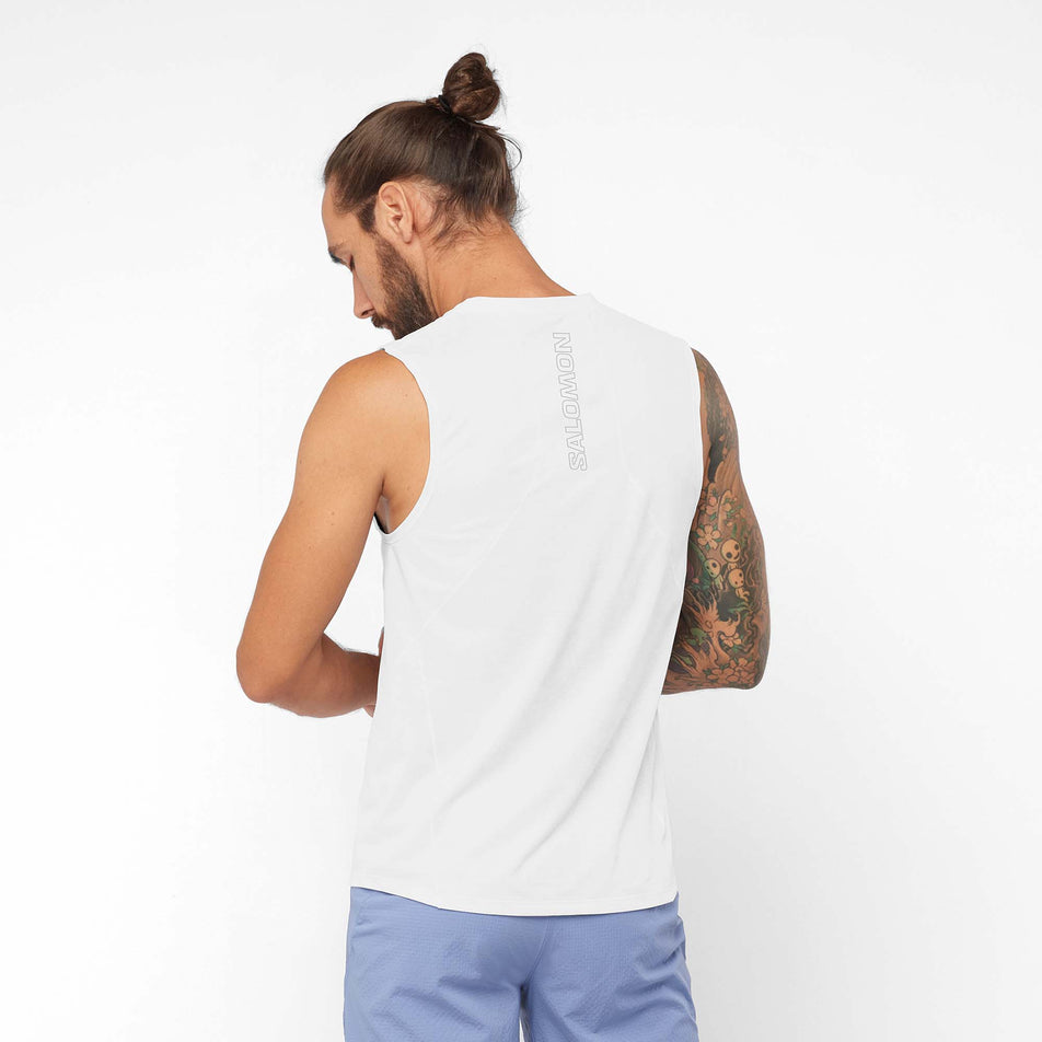 Back view of a model wearing a Salomon Men's Sense Aero Tank in the White colourway (7891199688866)