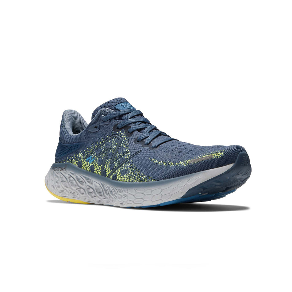 Right shoe anterior angled view of New Balance Men's Fresh Foam 1080v12 Running Shoes in blue (7725349011618)