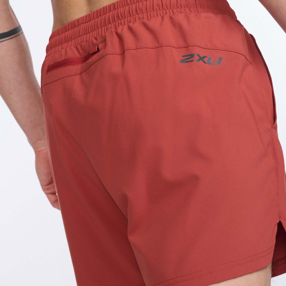 Zip pocket view of men's 2xu aero 5 inch short in red (7511254925474)