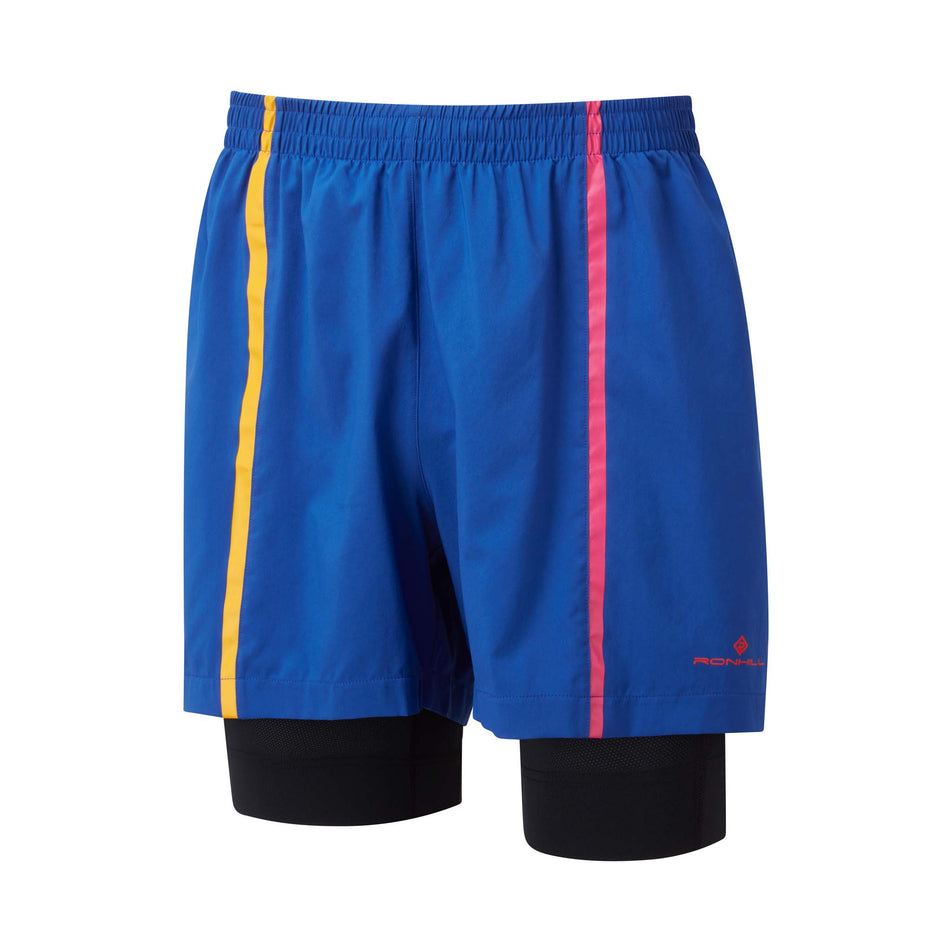 Front view of Ronhill Men's Tech Marathon Twin Short in blue (7593490546850)