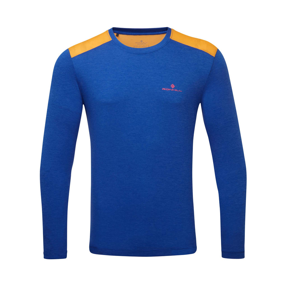 Front view of Ronhill Men's Life L/S Running Tee in blue (7592380727458)