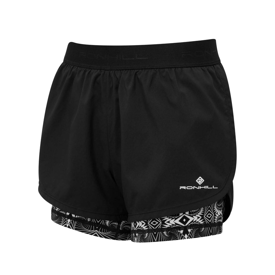Front view of Ronhill Women's Life Twin Running Short in black. (7749221187746)
