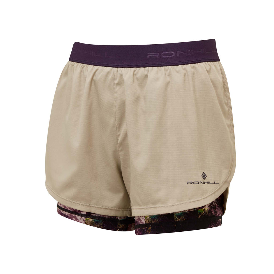 Front view of Ronhill Women's Life Twin Running Short in brown. (7746223702178)