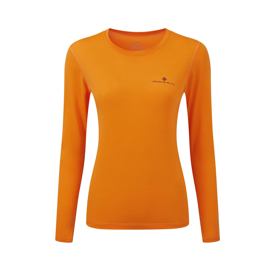 Front view of Ronhill Women's Core L/S Running Tee in orange (7572942094498)