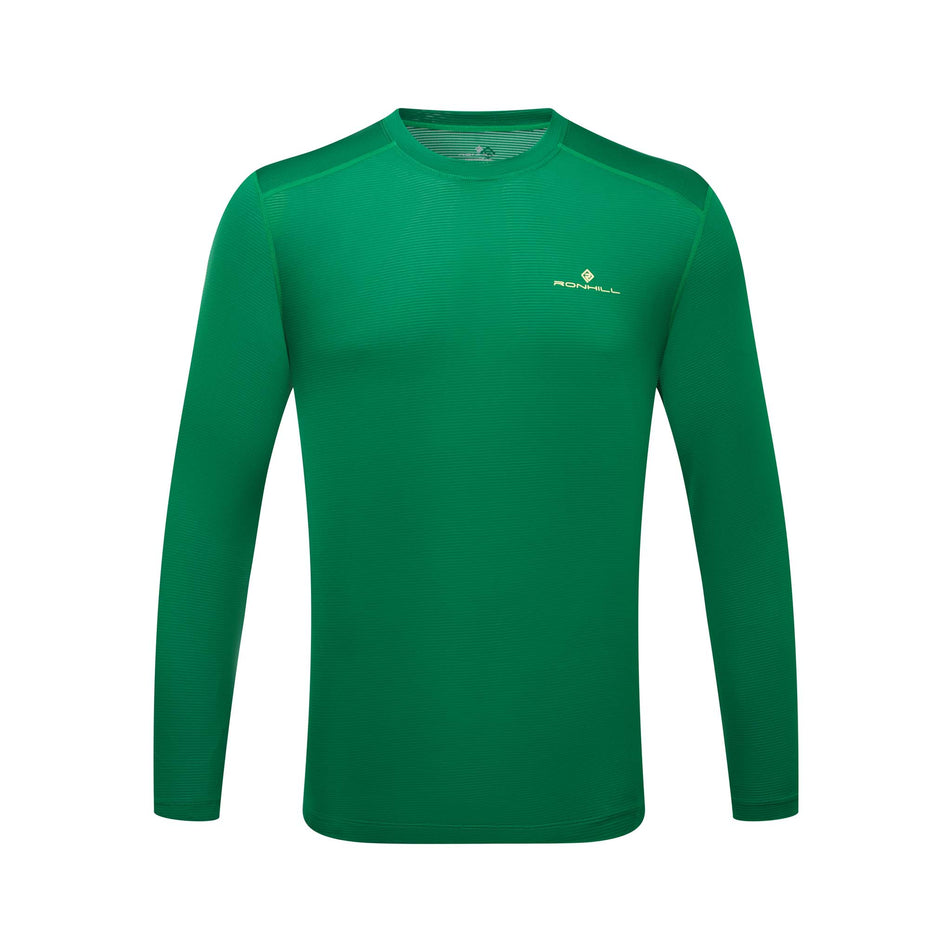 Front view of Ronhill Men's Tech L/S Running Tee in green (7593431433378)