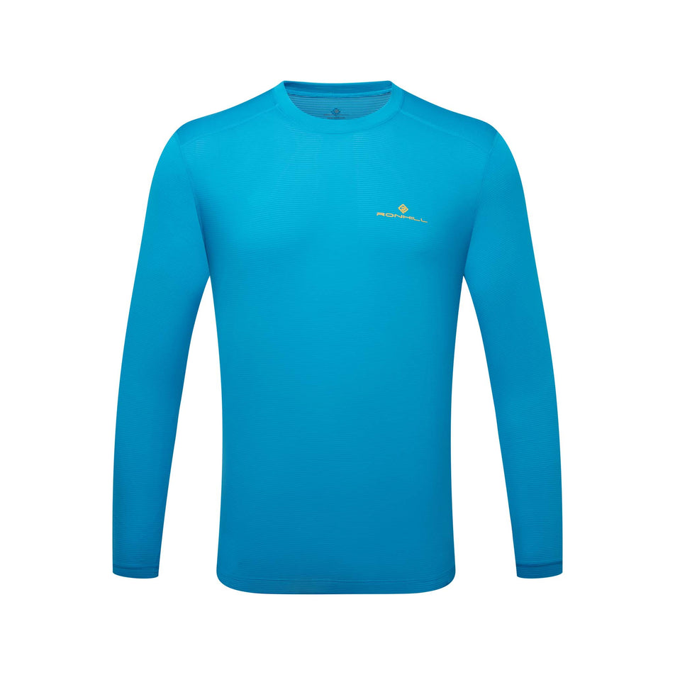 Front view of ronhill men's tech l/s running tee in blue (7572972503202)