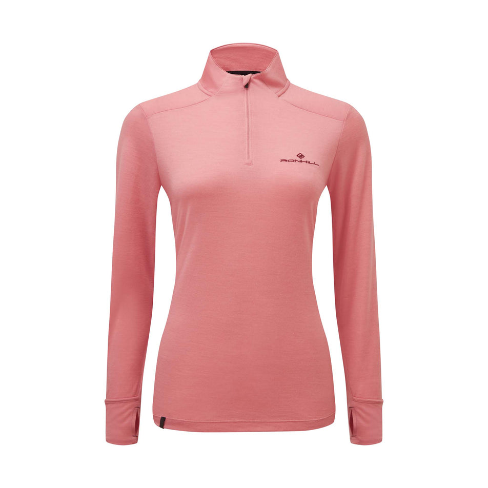 Front view of Ronhill Women's Tech Merino Running 1/2 Zip in pink (7580032860322)