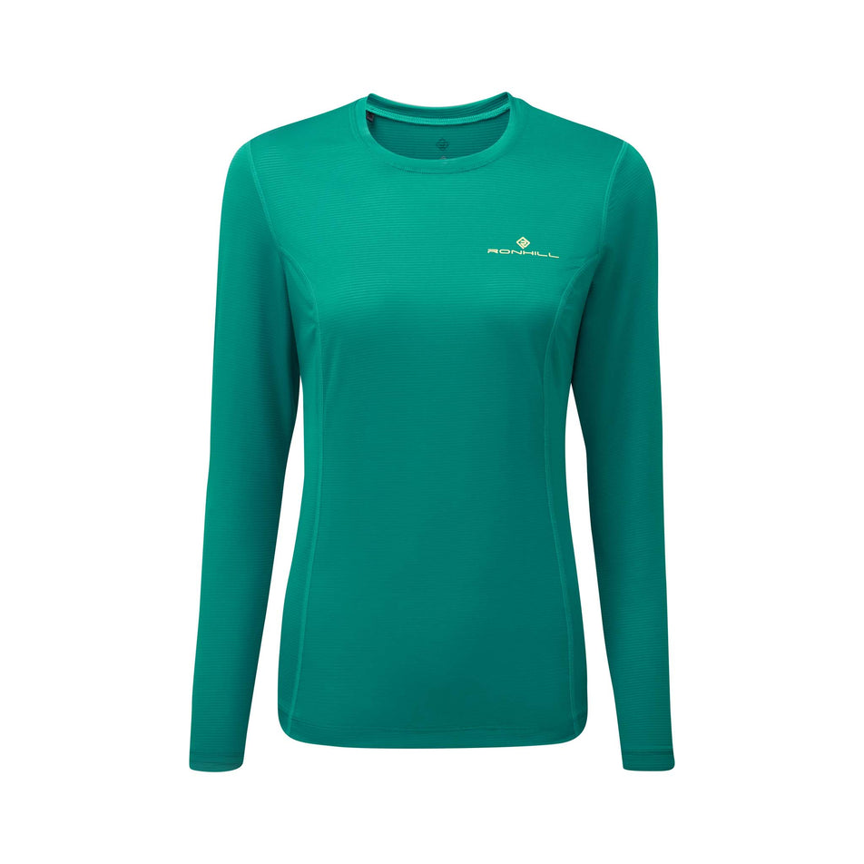 Front view of Ronhill Women's Tech L/S Running Tee in green. (7579755413666)