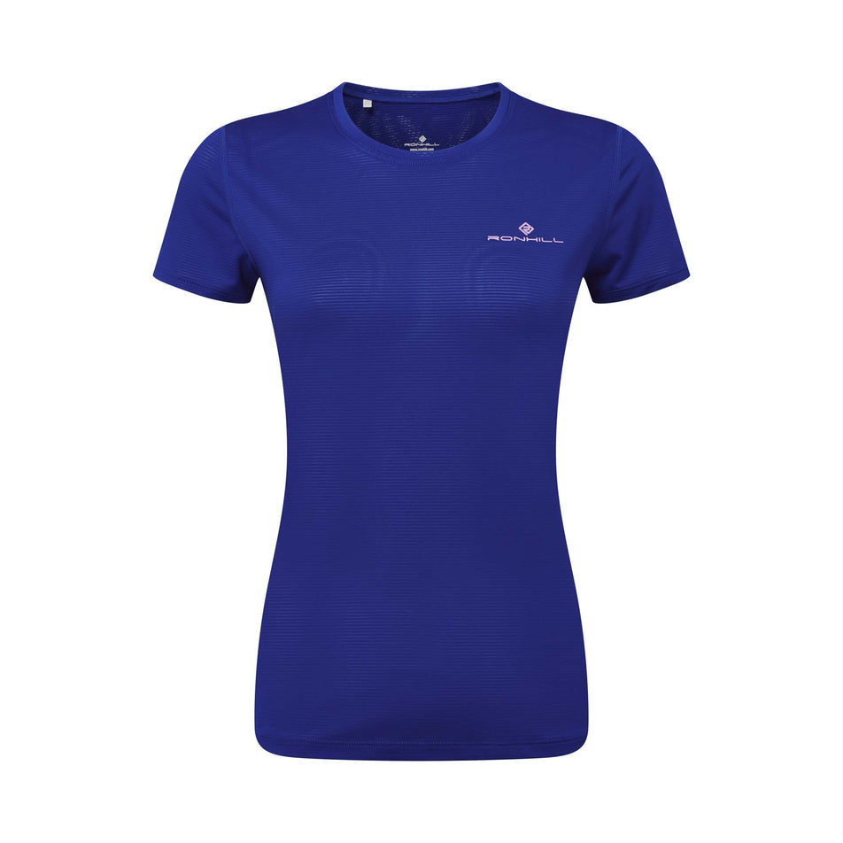 Front view of Ronhill Women's Tech S/S Running Tee in blue. (7744876871842)