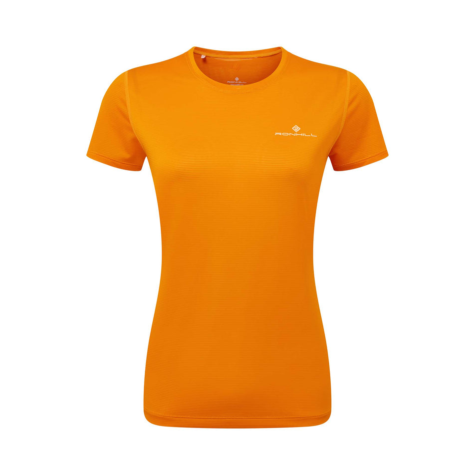 Front view of Ronhill Women's Tech S/S Running Tee in orange. (7744913408162)