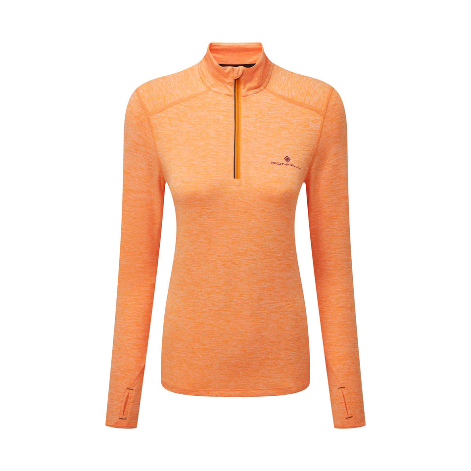 Front view of Ronhill Women's Life Practice 1/2 Zip Running Tee in orange (7572940685474)