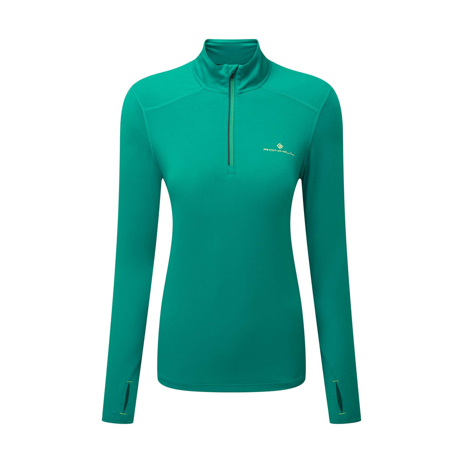 Front view of Ronhill Women's Life Practice 1/2 Zip Running Tee in green (7578012450978)