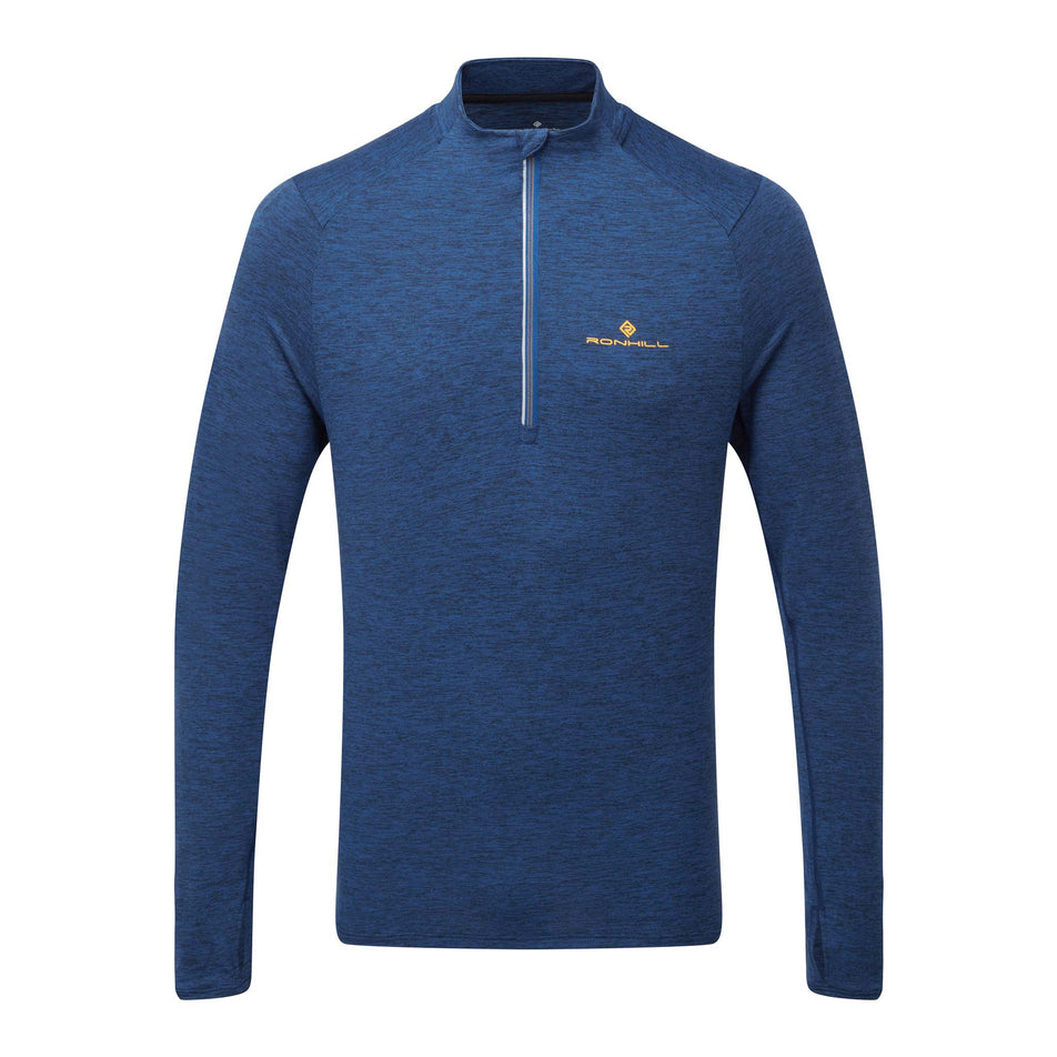 Front view of ronhill men's life practice 1/2 zip running tee in blue (7573975498914)