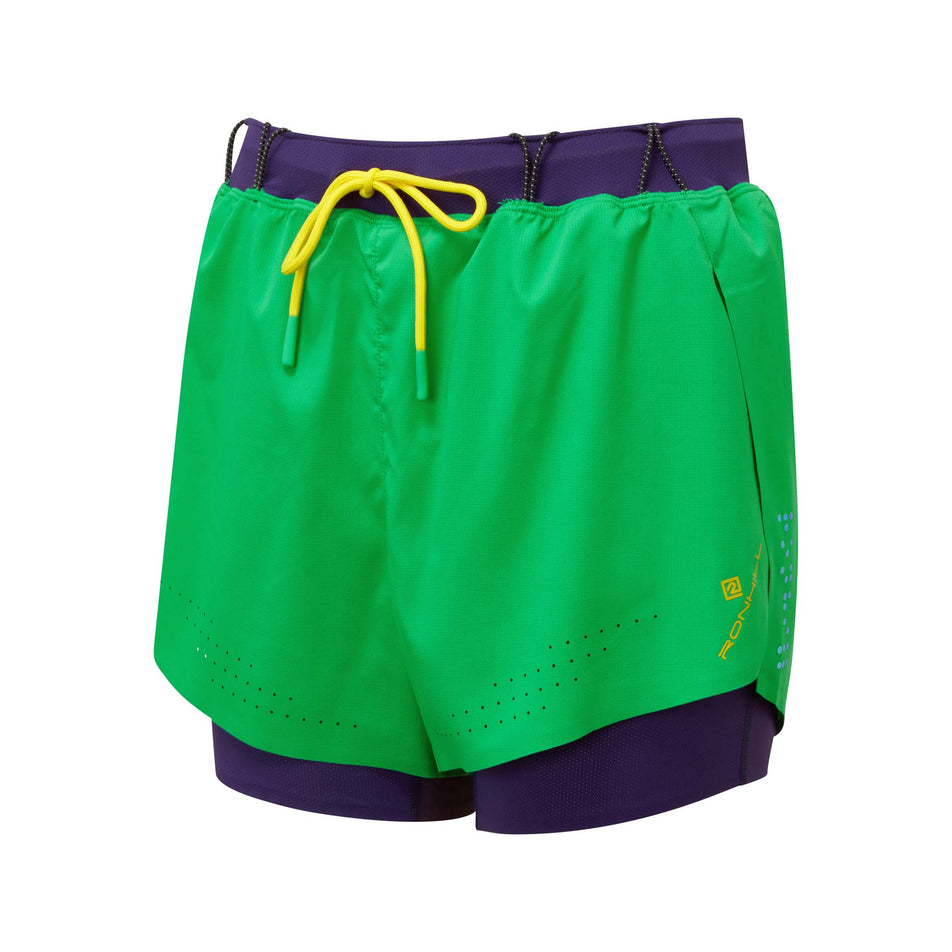 Front view of Ronhill Women's Tech Distance Twin Running Short in green. (7744909050018)