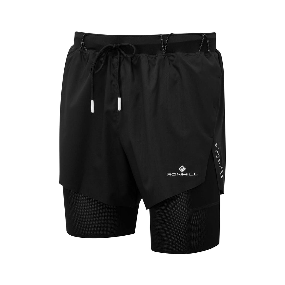 Front view of Ronhill Men's Tech Distance Running Twin Short in black. (7742636097698)