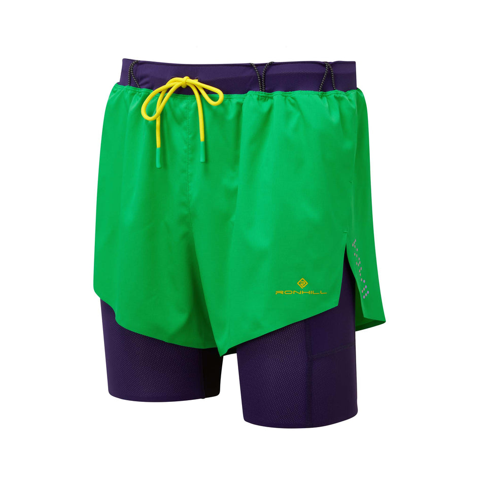 Front view of Ronhill Men's Tech Distance Twin Running Short in green. (7744519864482)