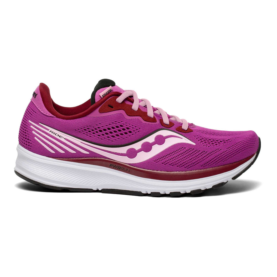 Lateral view of women's Saucony Ride 14 running shoes. (6890832855202)